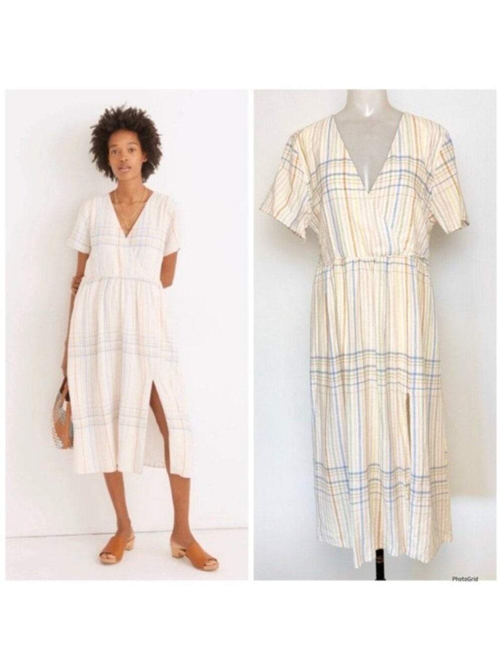 Madewell Linen-Blend Clara Midi Dress in Muted Blush Plaid Xsmall Petite